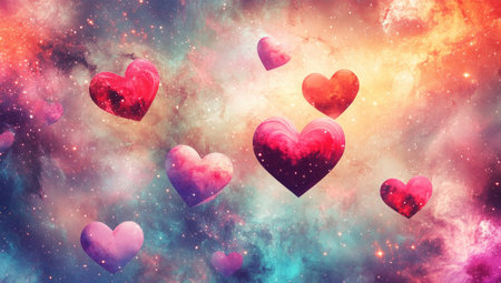 A colorful background with hearts floating in space, with a pink and red heart pattern. The stars twinkled around the hearts as they fluttered through an abstract galaxy of nebulae and galaxies. This vibrant scene is perfect for Valentine's Day or other romantic events. --ar 53:30 --v 6.1 Job ID: d38adf2f-886f-4785-bbfd-eb0ae8277ba8の素材