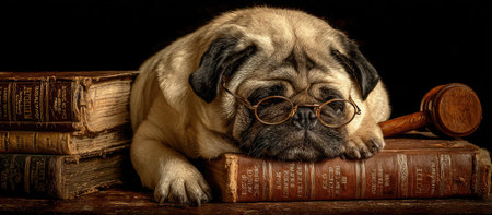 Light beige pug, wearing spectacles, rests atop a stack of aged books.  The dog's head is positioned on the books, with its paws resting on the books also.の素材