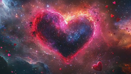 A colorful heart-shaped galaxy with stars and particles, surrounded by ethereal colors of reds, pinks, purples, and blues. The background is an explosion of glittering dust that creates the impression of depth in space. In front of it stands a large dark purple heart symbolizing love, surrounded by hearts in various sizes. --ar 53:30 --v 6.1 Job ID: 8f4fee87-764e-41ed-8d3a-7b3a70de1d74の素材