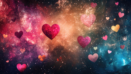 A colorful background with hearts floating in space, surrounded by galaxies and nebulae. The heart shapes should be pink or red, creating an atmosphere of love and romance for Valentine's Day or Valentine's Day cards. --ar 53:30 --v 6.1 Job ID: 32c3ee0c-08eb-4d78-bf90-495a4ea99127の素材