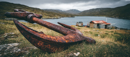 Rusty anchor lies on the grass near a body of water, with a small cluster of buildings in the background on a hillside.の素材