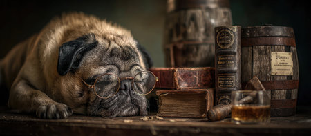 Pug dog wearing glasses is resting on a wooden surface surrounded by old books and wooden barrels.  The scene has a warm, sepia-toned, antique atmosphere.の素材