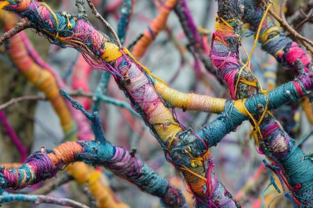 A close-up of intertwined tree branches, each one covered in colorful threads and fibers, creating an intricate tapestry that seems to intertwine with the natural world. The background is blurred, focusing on the detailed textures created by the various colored threads, producing a surreal effect. This artistic representation captures the beauty of nature's colors being seamlessly integrated into its environment. --ar 3:2 --v 6.1 Job ID: 6443efe9-266e-4042-8941-85b69c187af8の素材