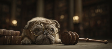 Pug dog wearing old-fashioned glasses lies on a surface with a wooden gavel nearby.  The scene evokes a quiet, thoughtful atmosphere. There are books in the foreground, further emphasizing the notion of a subject matter of knowledge and study.の素材