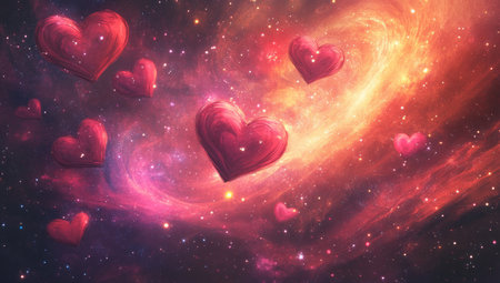 A colorful background with hearts floating in space, in shades of red and pink, surrounded by swirling galaxies and nebulae, evoking feelings of love and wonder. --ar 53:30 --v 6.1 Job ID: 7634dad5-1280-4083-8c7b-ce2e579e9730の素材