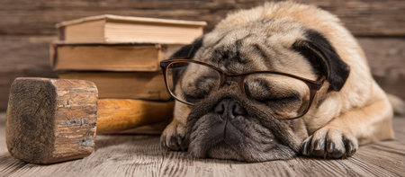 Pug, wearing glasses, is sleeping on a wooden surface amongst books and a hammer.の素材