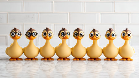 Horizontal row of small, yellow duck figurines, each wearing brown-framed glasses, standing in a straight line on a marble surface against a white brick wall.の素材