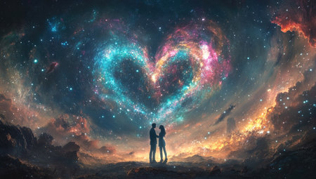 A couple standing together, surrounded by swirling colors and stars forming the shape of a heart in space, symbolizing their love against an infinite backdrop. --ar 53:30 --v 6.1 Job ID: 4e3cce92-03fa-4da5-8284-2da9ab2ea108の素材