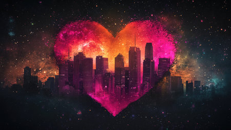 A digital illustration of an oversized heart-shaped cityscape with skyscrapers and buildings forming the silhouette, set against a backdrop of colorful galaxy stars. The background is dark to create contrast between the bright neon pink and orange hues in the center of the scene, giving it a night sky effect. This design would be suitable for Valentine's Day themes or urban-themed projects. It has a modern and vibrant feel that could appeal to those who love bold colors and cityscapes. --ar 53:30 --v 6.1 Job ID: f302fdba-5228-4368-a3fb-0653c407eb8cの素材