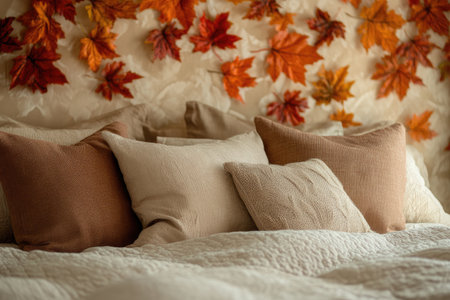 A cozy bedroom with beige and brown pillows, bed linens, and autumn leaves on the wall, creating an autumnal mood. --ar 3:2 --v 6.1 Job ID: 3a293399-4325-45c4-8852-c6c67d91e72aの素材
