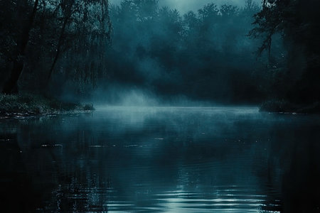 A dark lake, surrounded by a forest, is shrouded in mist, creating a cinematic and moody atmosphere. The scene is dominated by blue tones, adding to the overall sense of mystery. --ar 3:2 --v 6.1 Job ID: accb0c9f-94c0-4fd1-b480-0eab670c1f2bの素材