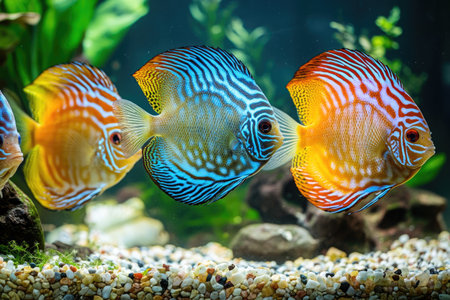 A group of colorful discus fish swimming in an aquarium with pebbles and rocks at the bottom, showcasing their vibrant colors under natural light. --ar 3:2 --v 6.1 Job ID: 02effa61-f99b-45c6-8040-e017b314c1b3の素材