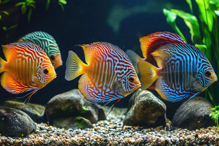 A group of colorful discus fish swimming in an aquarium with pebbles and rocks, including reds, oranges, yellows, greens, and blues. The scene is captured from the side as they swim around rocks and near plants, creating a lively atmosphere for aquatic life. --ar 3:2 --v 6.1 Job ID: 409589a2-a8e5-4db7-b98c-bb54688ec6e6の素材