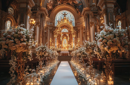A grand, ornate church decorated with white and gold floral arrangements leading to the altar for an elegant wedding ceremony. The stained glass windows and candlelight decorations create a magical atmosphere. --ar 62:41 --v 6.1 Job ID: 03c57d9b-fc19-4cd2-be44-2de4d77a4d97の素材