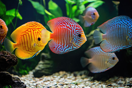 A group of colorful discus fish swimming in an aquarium with pebbles and rocks, including the species Symphysodon ornamental orange and red striped discus, which is one of many types found by aquatic enthusiasts. The background features water plants, creating a natural underwater environment for these beautiful creatures to swim around. --ar 3:2 --v 6.1 Job ID: 6702c2eb-7053-414a-aa27-89384ff21419の素材