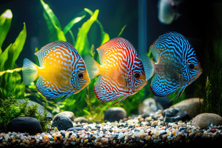 A group of colorful discus fish swimming in an aquarium with pebbles and rocks at the bottom, creating a natural look. The water is a dark green to create depth, and there are some aquatic plants for aesthetic appeal. --ar 3:2 --v 6.1 Job ID: 4a5745d5-ddde-4369-8f2a-7fbf7bbf6feeの素材