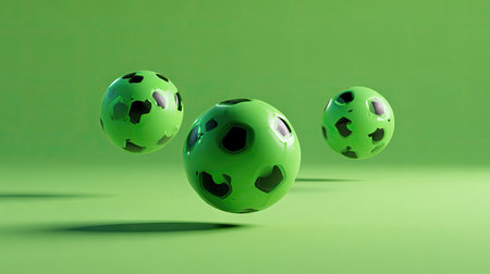 Three spheres of lime green with a dark spot pattern are floating against a solid lime green background.  The spheres are positioned in a way that creates visual interest. The lighting and shadow effects enhance the 3D impression of the spheres.の素材