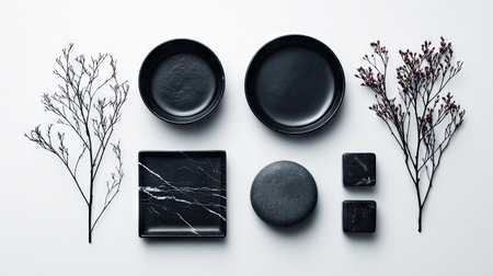 Minimalist still life arrangement featuring black and white tableware, marble, stones, and a dried plant branch, presented on a light background.  The objects are arranged in a balanced and visually appealing manner. The overall style is modern and sophisticated.の素材