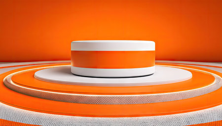 A modern, abstract podium with layered circular stages in orange and white.の素材