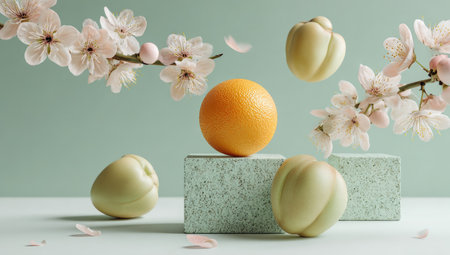 A still life arrangement featuring an orange, pale green abstract shapes, and flowering branches.の素材