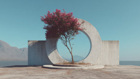 Modern concrete archway framing a tree with pink flowers against a blue sky.の素材