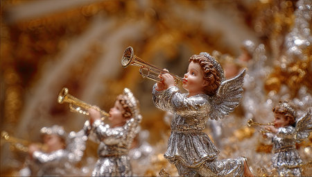 Several small figurines of cherubic angels, dressed in silver-colored clothing, are depicted playing trumpets.  The angels have wings and are in various poses.  The background is out-of-focus, with golden-brown tones. The focus is on the angels and their instruments.の素材