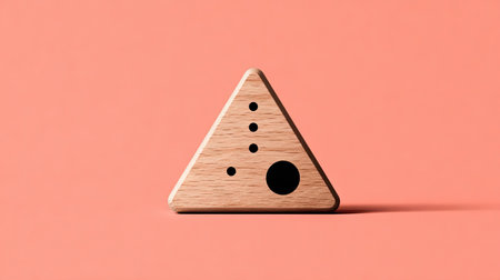 Light-colored wooden triangular-shaped object with black design elements.  It is presented against a coral background.の素材