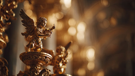 Close-up view of a golden cherubic figurine, part of a larger decorative ensemble. The figurine is detailed, with wings and holding an object, resting on a decorative base. The background is out of focus, highlighting the intricate detail of the figure.の素材