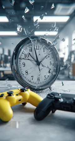 Close-up of a broken analog clock next to two video  controllers on a light-gray surface.  Shattered glass is visible around the clock.の素材