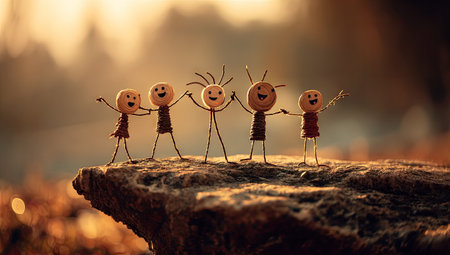 Close-up image of several small, handmade figures, crafted from wood and string, positioned on a rock against a blurred sunset backdrop. The figures are depicted in a playful and friendly manner, with arms raised in a gesture of unity.の素材