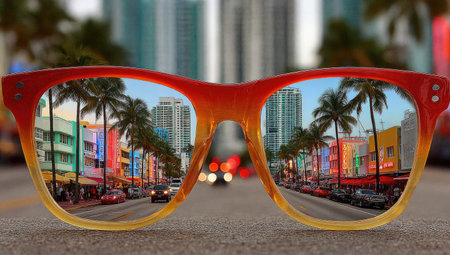 Vibrant reflection of a city street scene, featuring palm trees, colorful buildings, and cars, seen through the lenses of sunglasses. The reflection is clear and detailed, capturing the atmosphere of a sunny day in a tropical destination.の素材