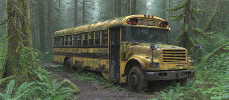 Weathered yellow school bus sits abandoned on a dirt path, deep within a lush, overgrown forest.  The bus is surrounded by dense greenery, ferns, and trees, suggesting a secluded and undisturbed environment. The image captures a sense of isolation and the passage of time.の素材