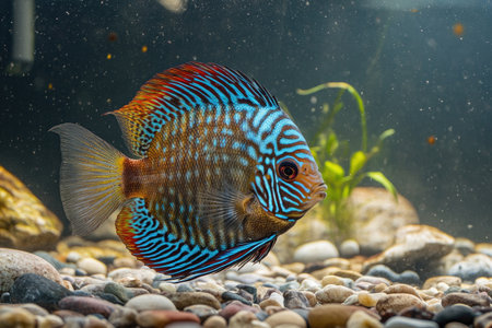 A colorful discus fish swimming in an aquarium with pebbles and aquatic plants, showcasing the beauty of ornamental fish. --ar 3:2 --v 6.1 Job ID: 3d44dca5-325c-43f1-a350-e4ad90dcd5b3の素材