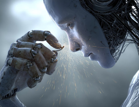 Detailed and close-up view of a complex robotic figure, meticulously crafted with detailed metallic components.  The figure's hand, containing a small welding torch, is the focus.  Sparks are generated as the robot appears to be meticulously working.  The image highlights the intricate design and mechanical nature of the figure's body and appendages.の素材