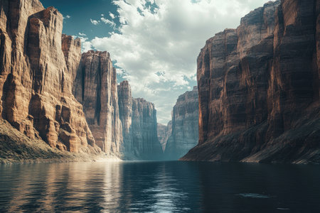 A fantasy landscape of towering cliffs with water running between them, cinematic and hyper-realistic. --ar 3:2 --v 6.1 Job ID: cdebb6da-e1a0-4e3f-8156-25f21dafefabの素材