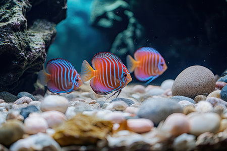 A group of beautiful discus fish swimming in an aquarium with pebbles and aquatic plants. The colors on the fish include orange, red, blue, white, pink, and yellow stripes. --ar 3:2 --v 6.1 Job ID: 2fcc1a01-54ef-4076-a485-5674a4299f6eの素材