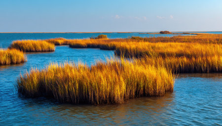 Golden marsh grasses are bordered by tranquil blue water and a clear sky.の素材