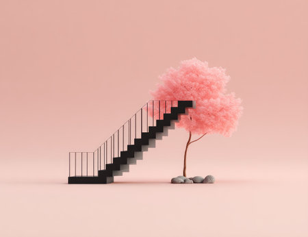 A minimalist scene features a black staircase beside a fluffy pink tree.の素材