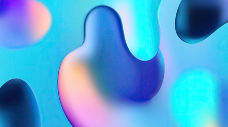 This image is a digital design featuring a variety of abstract shapes in vibrant colors. The shapes have soft, flowing edges and gradient transitions that create a sense of movement and depth.  The colors are primarily in the blue and pink color family, with various shades and tones for a dynamic visual effect. The image is perfect for use as a background, wallpaper, or a poster.の素材