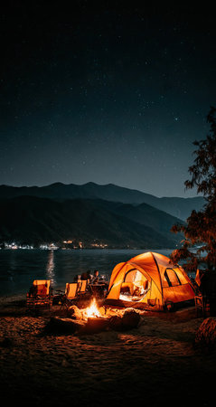 A lit tent and campfire glow on a beach under a starry sky.の素材