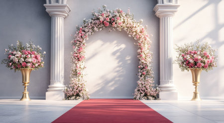 A large vintage arch with pink flowers on the wall, gold vases, and a red carpet in front of it, set against a light gray background, in a luxurious, romantic style. --ar 78:43 --v 6.1 Job ID: 66f64315-40a4-4821-b7c8-baf79c4b83e5の素材