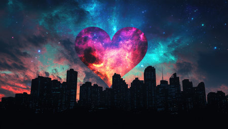 A heart-shaped nebula hovers above the silhouette of an urban skyline, with buildings silhouetted against a colorful, starry sky, representing the idea of love in city life. --ar 53:30 --v 6.1 Job ID: bd5616b0-753d-4d3b-9a2b-f87e85f6f179の素材