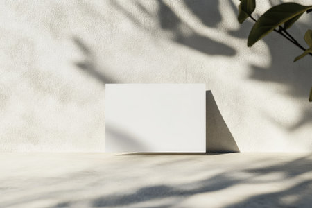 A mockup of an A4 white card standing upright on the floor against a light gray wall, with soft shadows and lighting, captured in high-resolution photography. --ar 3:2 --v 6.1 Job ID: 68816cab-0edc-48e9-94b4-a831634e4bb4の素材