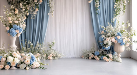 A large wall with blue curtains, flowers on the floor, and vases in front of it, with a light gray background for a wedding photo shoot. A large white screen on one side is decorated with pastel colors, including roses in blue, white, pink, and beige, in an elegant, minimalist style. The photography is hyper-realistic, with professional studio lighting and high-resolution, highly detailed, and super-realistic, high-definition images. --ar 78:43 --v 6.1 Job ID: 64adee08-a4ee-4a83-a11c-e704a274a1c7の素材