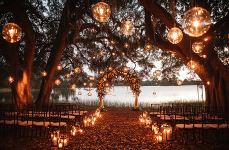 A romantic wedding ceremony decor with hanging lanterns and candles in an outdoor setting near the lake, featuring large oak trees. The scene is bathed in warm golden light from the candlelight, creating a magical atmosphere for the big day. --ar 62:41 --v 6.1 Job ID: a0d29042-1cc5-4a46-950b-bc840b71d60fの素材