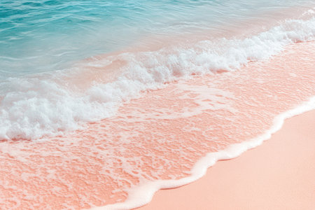 A photograph of soft, pink and turquoise water in the sand, close-up, with a pastel aesthetic, light orange and white, a dreamy beach scene, a calm sea, and gentle waves. --ar 3:2 --v 6.1 Job ID: 2bc54f9c-b4a6-4d60-8f5e-d32ff04ef6c5の素材