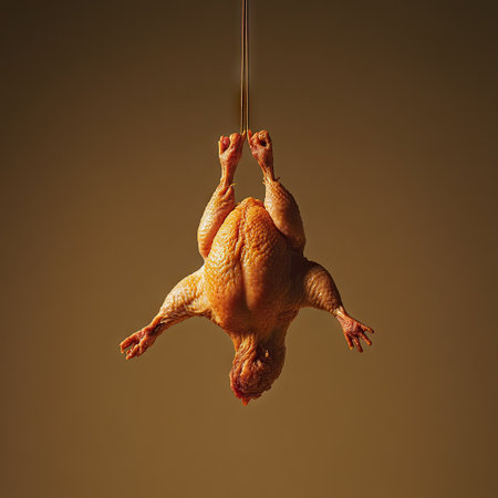 A photograph of a whole chicken hanging upside down, against a solid background, with warm colors, hyper-realistic and ultra-detailed, in super high resolution and cinematic style, taken with a Canon EOS C500 II camera and an anamorphic lens. --v 6.1 Job ID: fc86978a-33c3-4e5b-8fa3-15ab82ac157aの素材