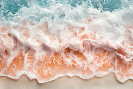 A photograph of the top view of ocean waves hitting the sand, with a light pink and orange beach and white foam in the foreground, and a blue water background, shot from above in a close-up, captured using a Hasselblad X2D camera. --ar 3:2 --v 6.1 Job ID: bfe210e6-c53c-43ba-b70f-8ceae8579087の素材
