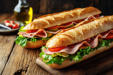 A long baguette sandwich with lettuce, tomato, and ham on top, rests on the wooden table. Two large sub sandwiches, filled with meat and vegetables, are ready to be served for lunch or dinner. The food looks fresh and delicious. The background shows an old, rustic kitchen counter with a wood texture, illuminated from above. A glass bottle of oil stands next to two neatly arranged plates that hold pieces of bread. --ar 3:2 --v 6.1 Job ID: edbe1852-8f7d-4ef0-8090-44d0c297fa54の素材