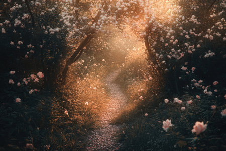 A path through the woods, with trees and flowers, bathed in the warm glow of the golden hour. The scene is beautiful, almost fantastical and magical, with a cinematic quality. --ar 3:2 --v 6.1 Job ID: 86745f8f-3151-4895-a28c-2f30c2ca06ffの素材